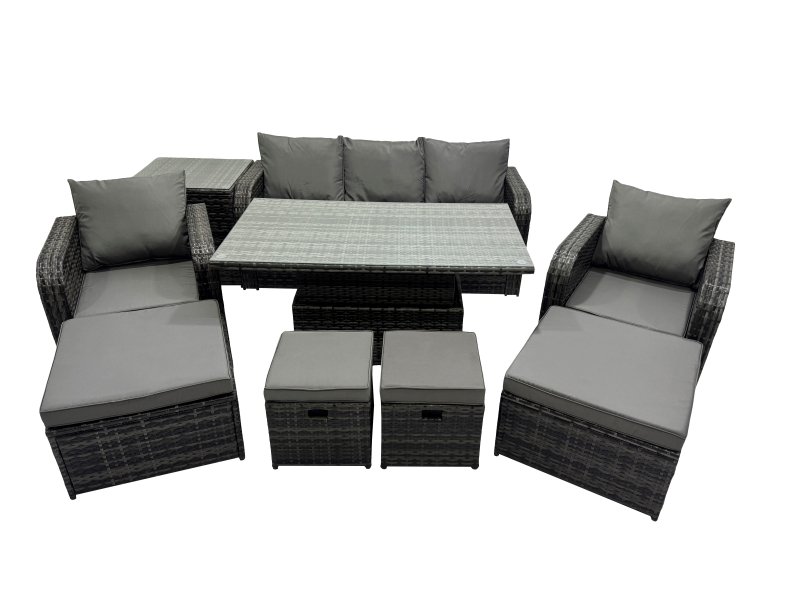 Fimous Rattan Garden Furniture Dining Set 8-seater Patio Height Adjustable Rising Lifting Table Sofa Set with Side Table 2 Big Footstool Dark Grey Mixed