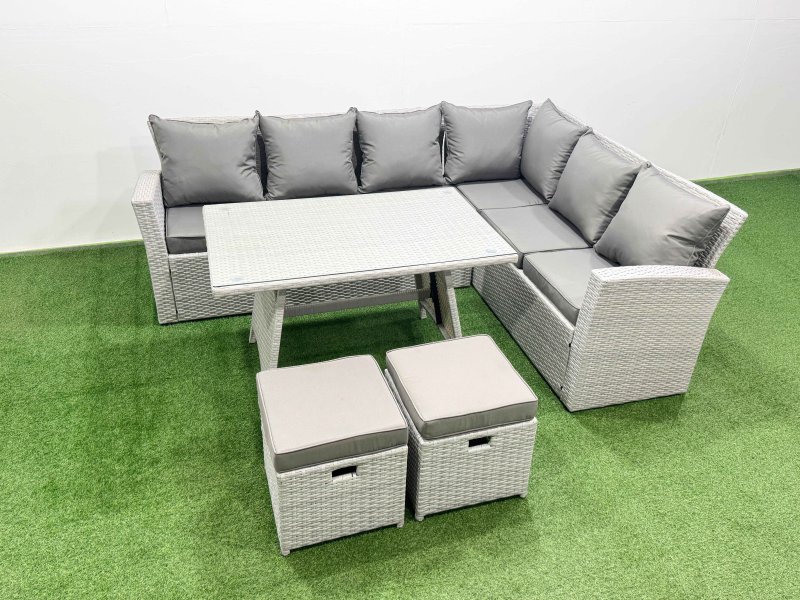 Fimous 8 Seater Garden Outdoor Rattan Furniture Set Rattan Corner Sofa Oblong Dining Table Set with 2 Small Footstools Light Grey Mixed