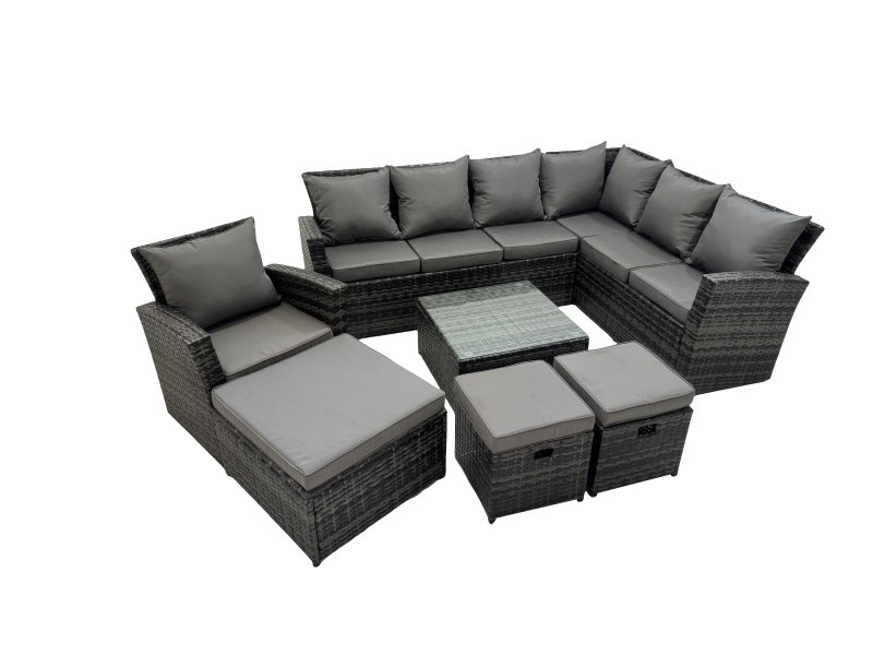 Fimous Rattan Garden Outdoor Furniture Set 10 Seater Garden Sofa Coffee Table Set with Chair 3 Footstools Dark Grey Mixed