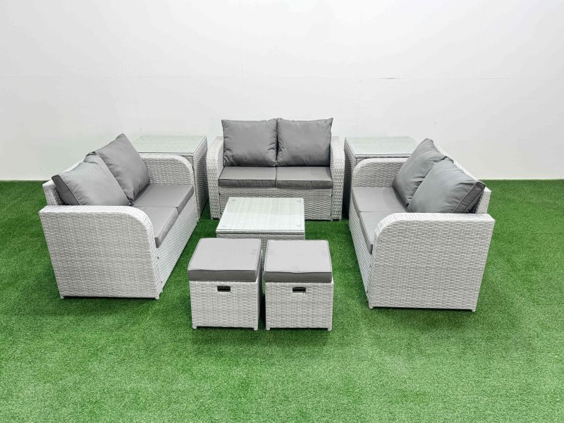 Fimous 8 Seater PE Wicker Rattan Furniture Sofa Sets with Square Coffee Table 2 Seater Love Sofa 2 Stool 2 Side Table Light Grey