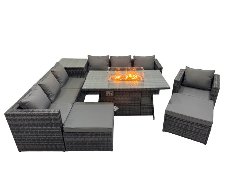 Fimous 9 Seater Garden Outdoor Rattan Furniture Set Patio Corner Sofa Gas Firepit Dining Table with Side Table 2 Big Stools Dark Grey