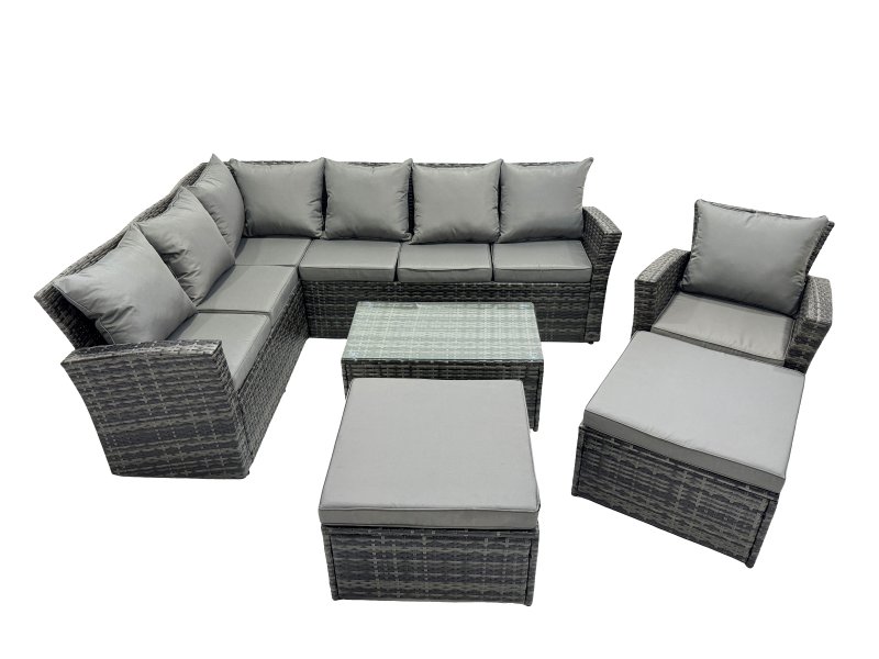 Fimous 9 Seat Rattan High Back Corner Sofa Set Patio Coffee Table Set with 2 Big Stools Dark Grey Mixed