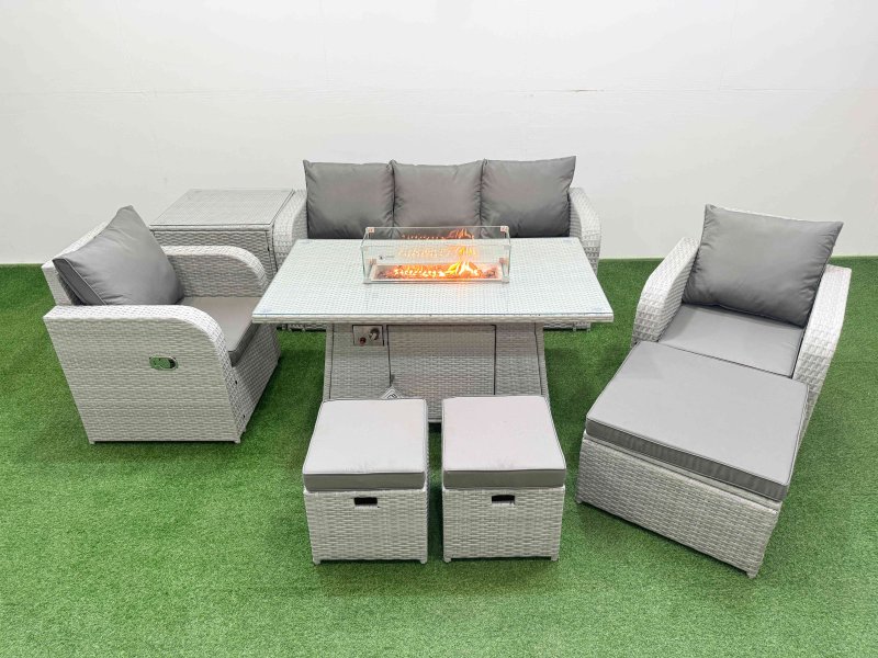Fimous PE Rattan Garden Furniture Set Reclining Chair Sofa Lounge Sofa Set Firepit Dining Table Side Table 3 Stools Light Grey