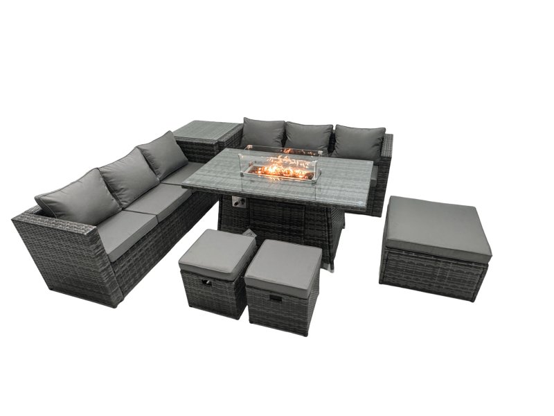 Fimous Rattan Garden Furniture Firepit Dining Set 9 Seater Lounge Sofa Table Set with Side Table 3 Footstool