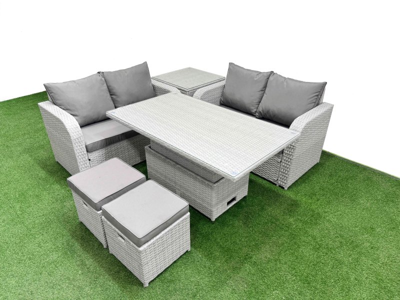 Fimous 6 Seater Outdoor Love Sofa Set Rattan Garden Furniture Set with Adjustable Lifting Dining or Coffee Table 2 Small Stools Side Table Light Grey