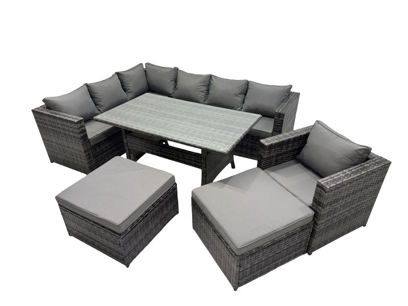 Fimous Outdoor PE Rattan Sofa Set with Dining Table Patio Garden Furniture Sets with Chair 2 Big Stools Dark Grey Mixed