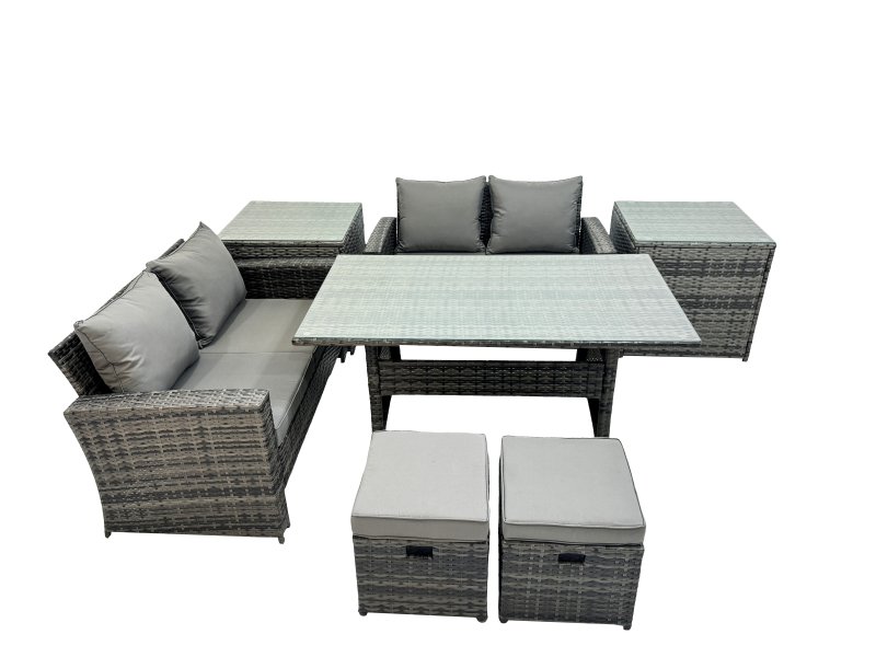 Fimous 6 Seater Wicker PE Rattan Furniture Outdoor Dining Table Double Seat Sofa 2 Side Table 2 Small Stools Set Dark Grey Mixed