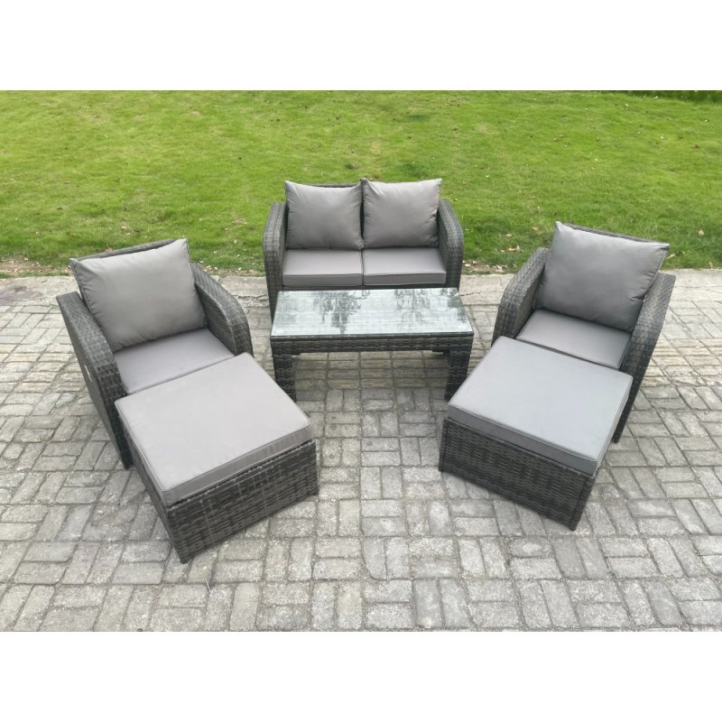 Fimous 6 Seater Rattan Wicker Garden Furniture Patio Conservatory Sofa Set with Rectangular Coffee Table Reclining Chair Love Sofa 2 Big Footstool