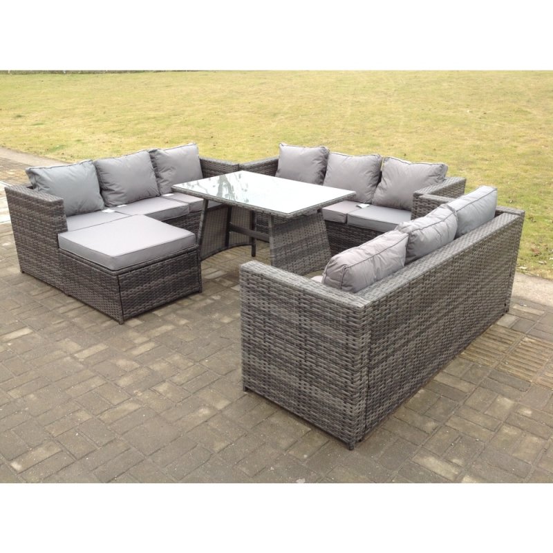Fimous Outdoor Rattan Garden Furniture Lounge Sofa Set With Oblong Dining Table With Clear Tempered Glass And Big Footstool