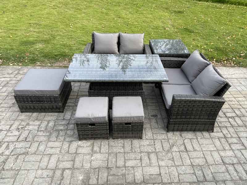 Fimous 7 Seater Wicker Rattan Garden Furniture Rising Table Set with Side Table 3 Footstool Double Seat Sofa Side Table Dark Grey Mixed