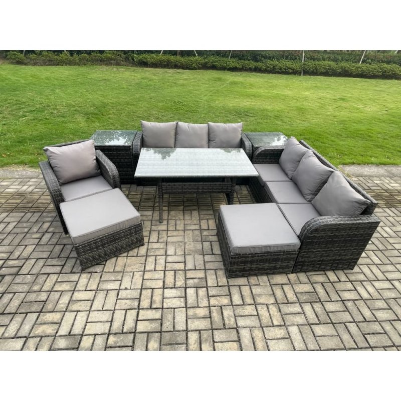 Fimous 9 Seater Outdoor Rattan Garden Furniture Set Oblong Rectangular Dining Table and Chairs Set with 3 Seater Sofa 2 Big Footstool 2 Side Tables Dark Grey Mixed