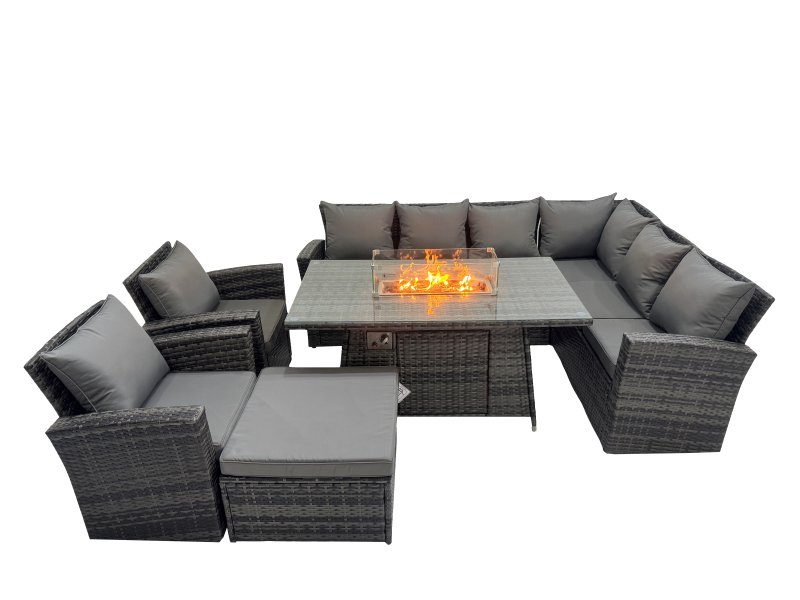 Fimous Outdoor Furniture Garden Dining Set Rattan Corner Sofa Chair Set Gas Fire Pit Table with Temper Glass Big Footstool Dark Grey Mixed
