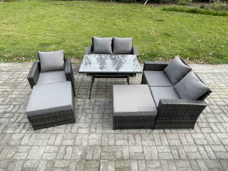 Fimous Garden Dining Set Wicker PE Rattan Outdoor Furniture Sofa with Rectangular Dining Table Double Seat Sofa 2 Big Footstool Armchair Dark Grey Mixed
