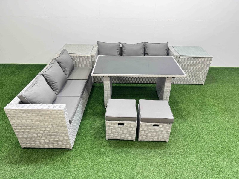 Fimous Rattan Garden Furniture Dining Set 8-seater Patio Rectangular Table Sofa Set with 2 Side Tables 2 Small Stools Light Grey