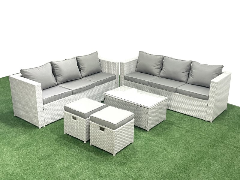 Fimous Garden Outdoor PE Rattan Furniture Set 8 Seater Rattan Garden Sofa Set with 2 Small Footstool Light Grey Mixed