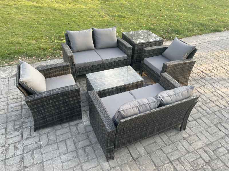 Fimous Garden Furniture Sets 6 Pieces Outdoor Rattan Furniture Manual Wicker Patio Sofa Chair Set with Coffee Table Side Table Dark Grey Mixed