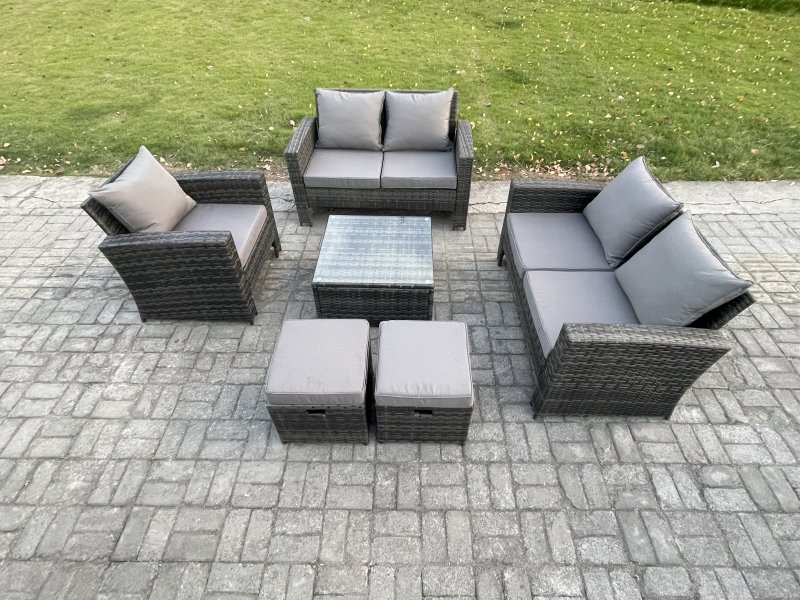 Fimous 7 Seater Outdoor Rattan Garden Furniture Set Conservatory Patio Sofa Coffee Table Set with Chair 2 Small Footstools Dark Grey Mixed