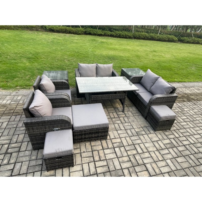 Fimous Outdoor Rattan Garden Furniture 10 piece Grey Patio Furniture Set 9 Seater Lounge Sofa Set with Rectangular Table Reclining Chairs 3 Stools 2 Side Tables