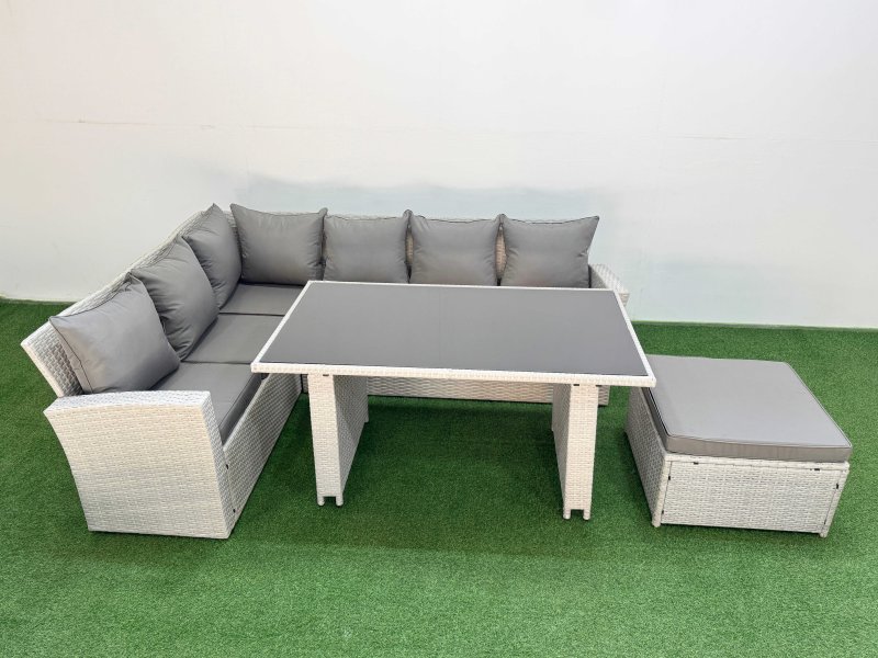 Fimous 7 Seater Wicker Rattan Corner Sofa Sets Outdoor Garden Furniture Sets with Rectangular Dining Table Lounge Sofa Big Footstool Light Grey