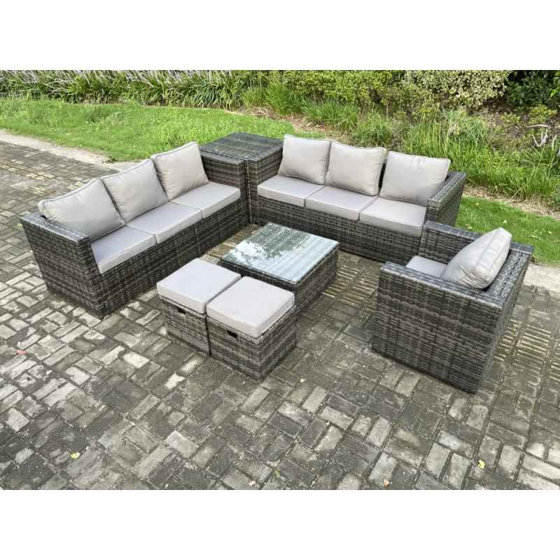 Fimous 9 Seater Rattan Garden Furniture Sofa Set with Armchair Side Table Square Coffee Table 2 Small Footstools Indoor Side Table Outdoor Rattan Set Dark Grey Mixed