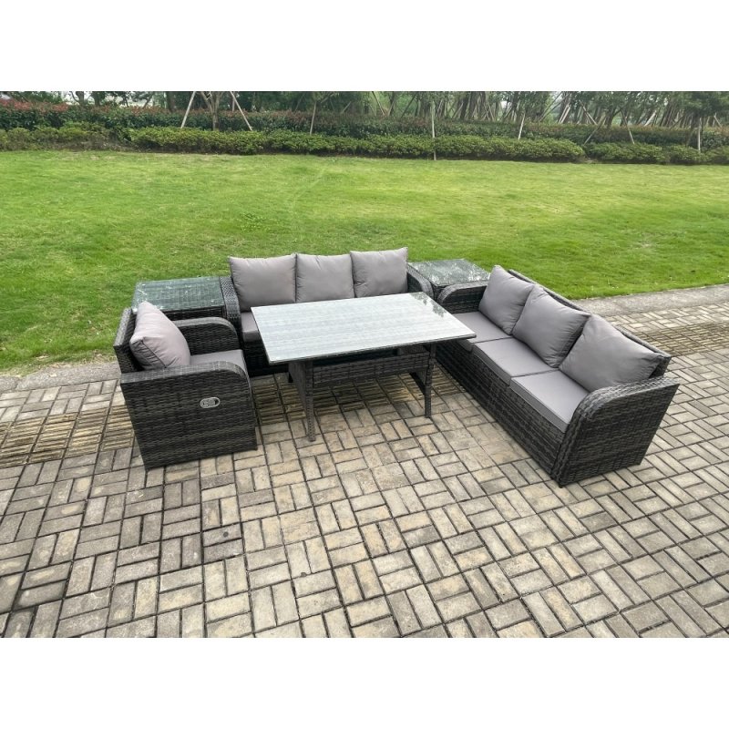 Fimous 7 Seater Rattan Garden Furniture Set Oblong Rectangular Dining Table and Chairs Set with 3 Seater Sofa 2 Side Tables Dark Grey Mixed