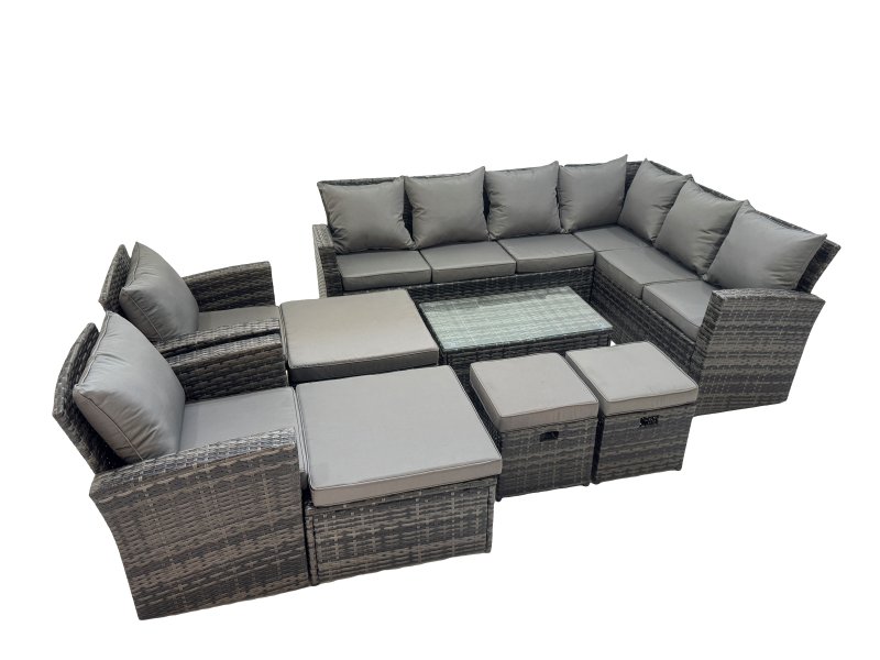 Fimous Rattan Garden Outdoor Furniture Set 12 Seater Garden Sofa Coffee Table Set with Chair 4 Footstools Dark Grey Mixed