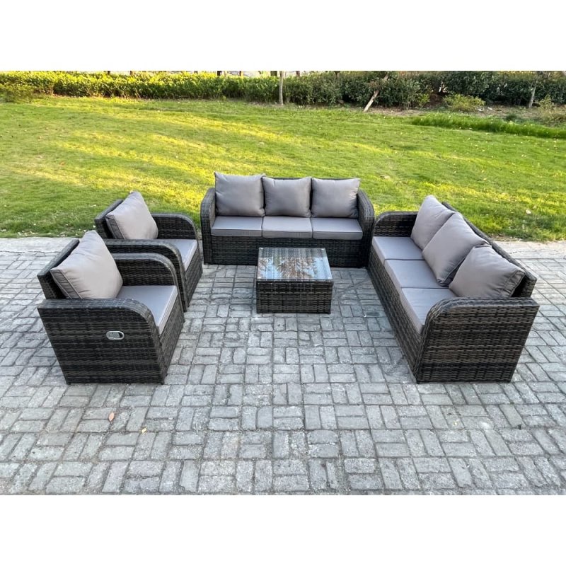 Fimous High Back Rattan Garden Furniture Set with Square Coffee Table Indoor Outdoor Patio Lounge Sofa Set Dark Grey Mixed