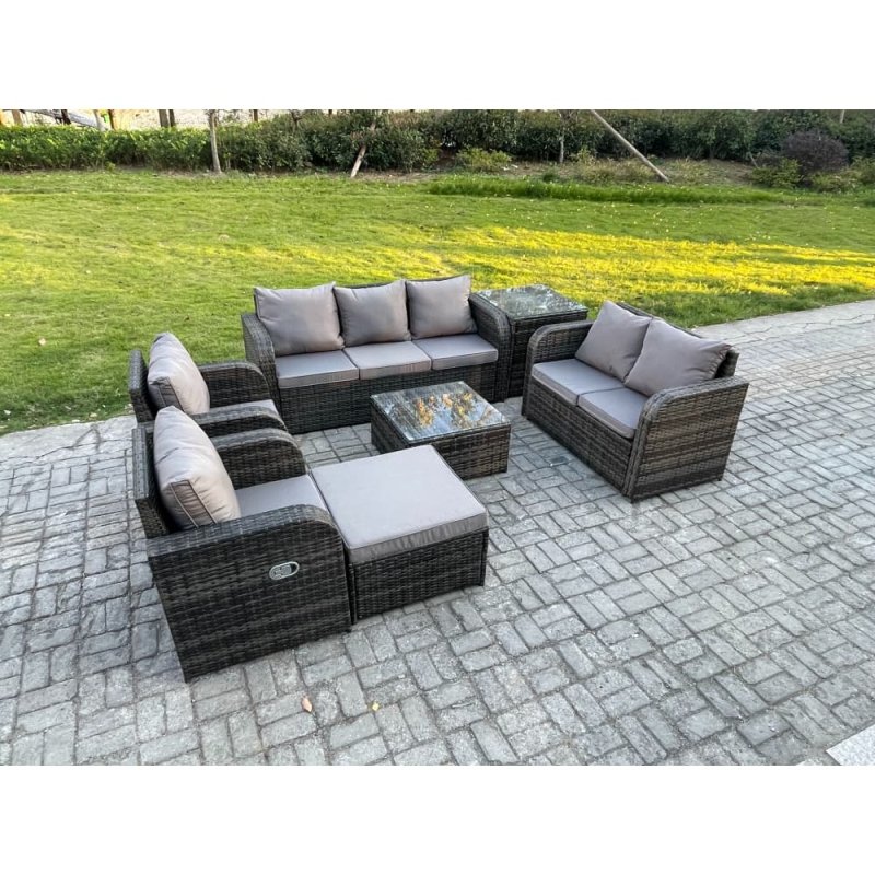 Fimous 8 Seater Garden Furniture Set Rattan Outdoor Lounge Sofa Chair With Tempered Glass Table Big Footstool Side Table Dark Grey Mixed