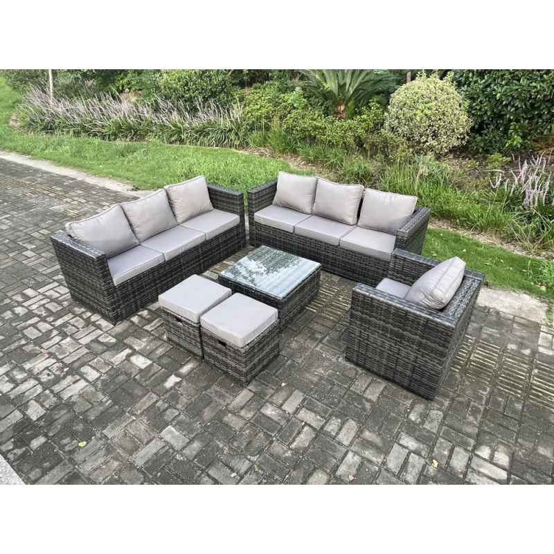Fimous Rattan Garden Furniture Sofa Set with Armchair Square Coffee Table 2 Small Footstools Indoor Side Table Outdoor 9 Seater Rattan Set Dark Grey Mixed