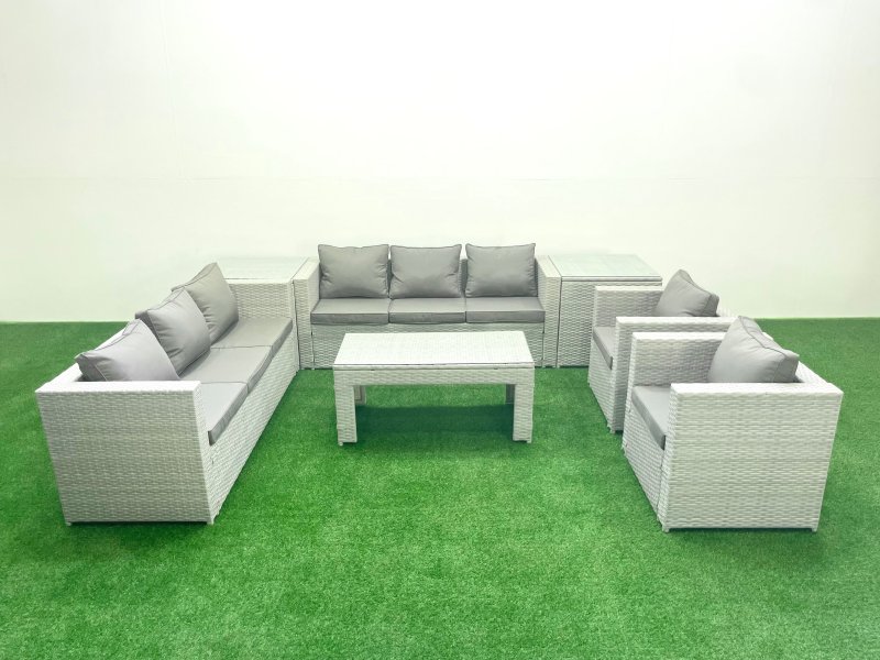 Fimous Outdoor Garden Furniture Rattan Sofa Set with 2 Armchairs Oblong Coffee Table 2 Side Tables Light Grey Mixed