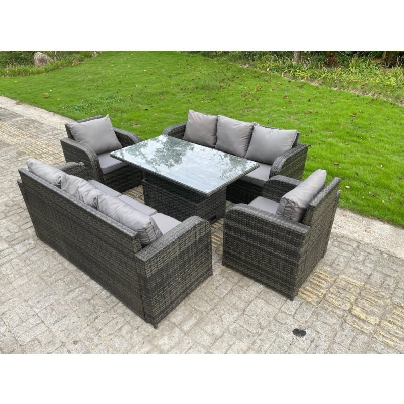 Fimous Outdoor Rattan Garden Furniture Sofa Set Lounge Sofa Dining Table Height Adjustable Rising Lifting Table Reclining Arm Chairs 8 Seater