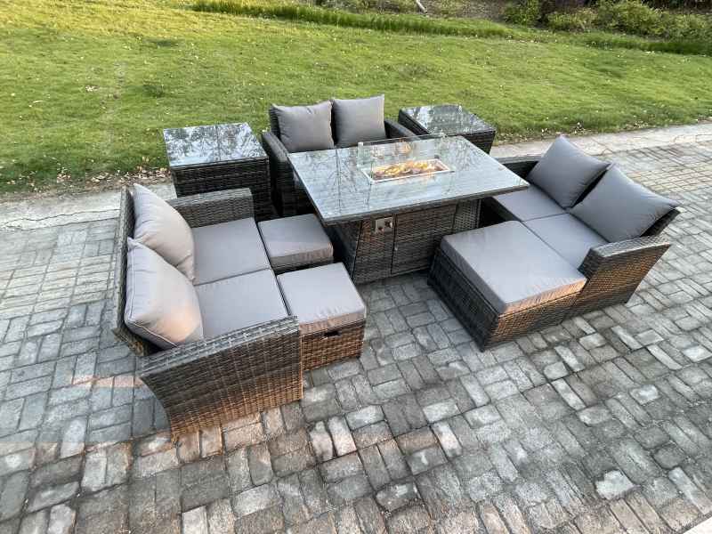 Fimous High Back Rattan Garden Furniture Sofa Sets with Outdoor Furniture Gas Firepit Dining Table Set 3 Footstools 2 Side Tables Dark Grey Mixed