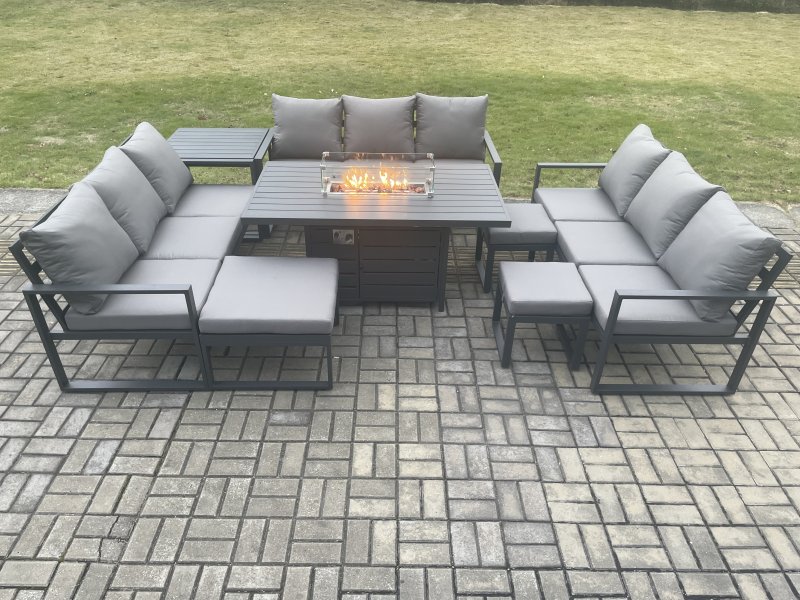 Fimous Aluminium Garden Furniture Outdoor Set Patio Lounge Sofa Gas Fire Pit Dining Table Set with 3 Footstools Side Table Dark Grey