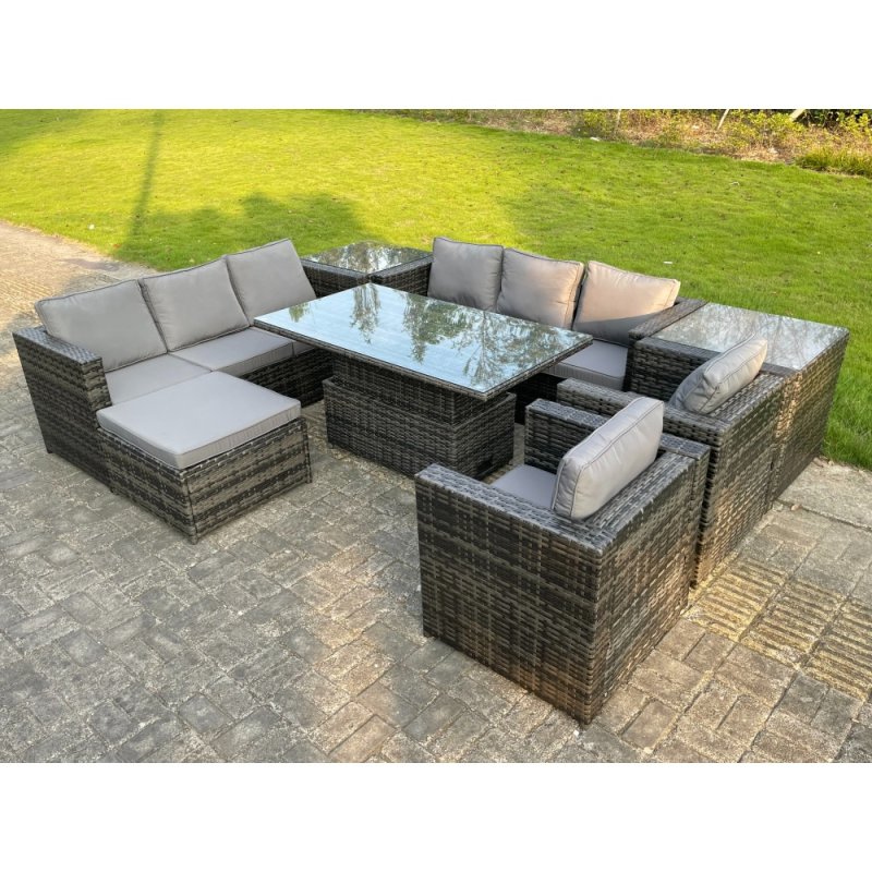 Fimous 9 Seater?Outdoor Rattan Garden Furniture Adjustable Rising Lifting Table With 2 Side Coffee Tables Chairs Footstool
