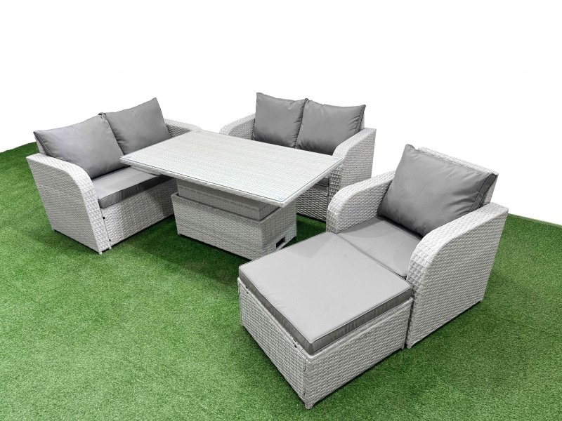 Fimous High Back Poly Rattan Garden Furniture Set with Reclining Chair Loveseat Sofa Adjustable Lifting Dining or Coffee Table Indoor Outdoor Patio Set Big Stool Light Grey