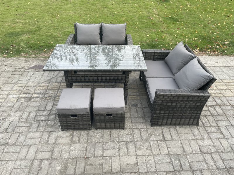 Fimous 6 Seater PE Wicker Rattan Garden Furniture Set Love Sofa Outdoor Rectangular Dining Table 2 Small Footstools Dark Grey Mixed