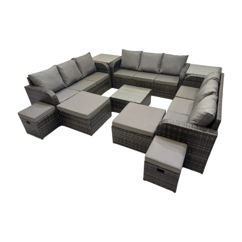 Fimous Rattan Garden Outdoor Furniture Set 3 Seater Sofa Square Coffee Table Set with 4 Stools 2 Side Table Dark Grey Mixed
