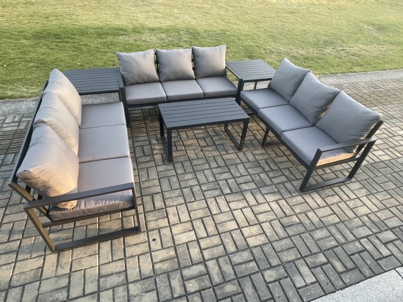 Fimous Aluminium 9 Seater Outdoor Garden Furniture Set Lounge Sofa Oblong Coffee Table 2 PC Side Tables Sets with Cushions Dark Grey