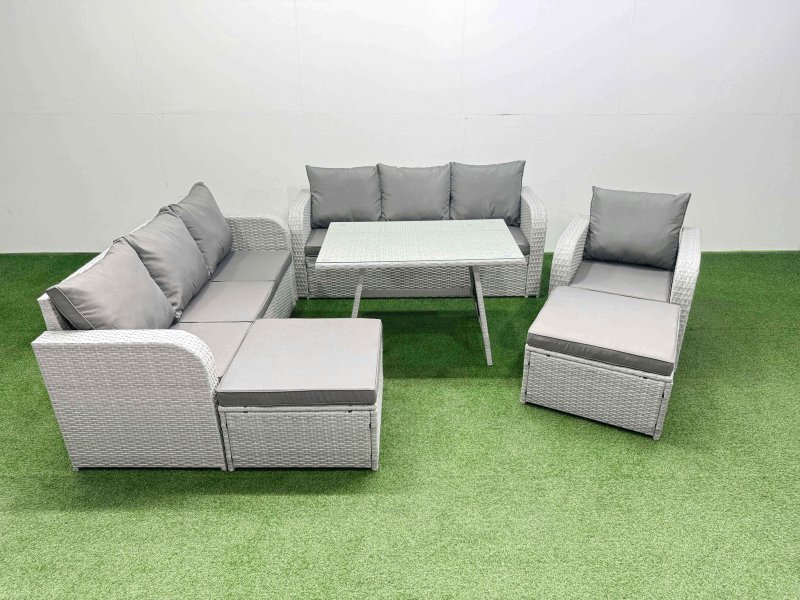Fimous 6 Pieces Outdoor PE Rattan Garden Furniture with Cushions Reclining Chair 2 Big Stools Light Grey