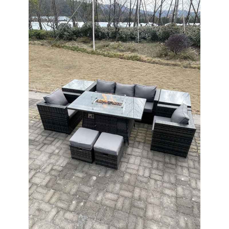 Fimous Outdoor PE Rattan Garden Furniture Gas Fire Pit Dining Table Armchairs With 2 Side Coffee Table Stools Dark Grey Mixed