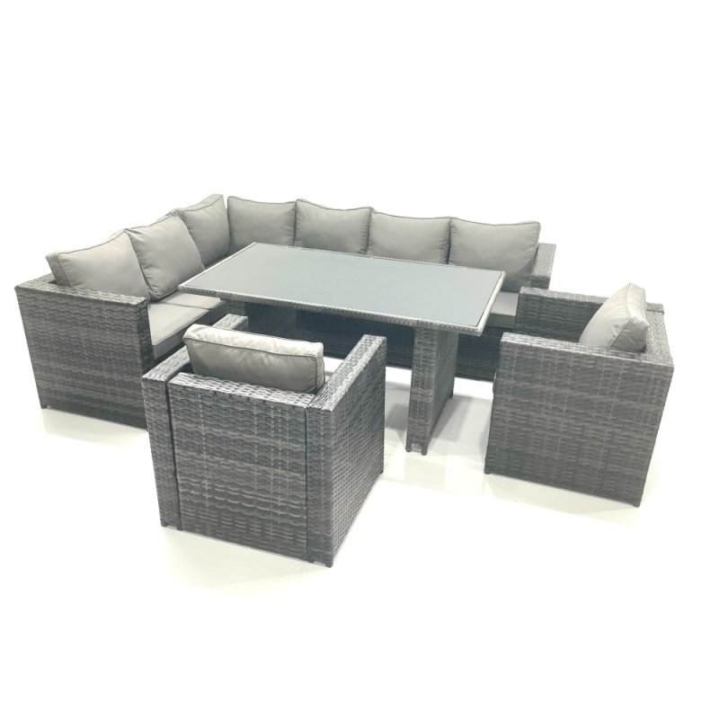 Fimous Dark Grey Outdoor Lounge Rattan Corner Sofa Set Garden Furniture Rectangular Dining Table Chair