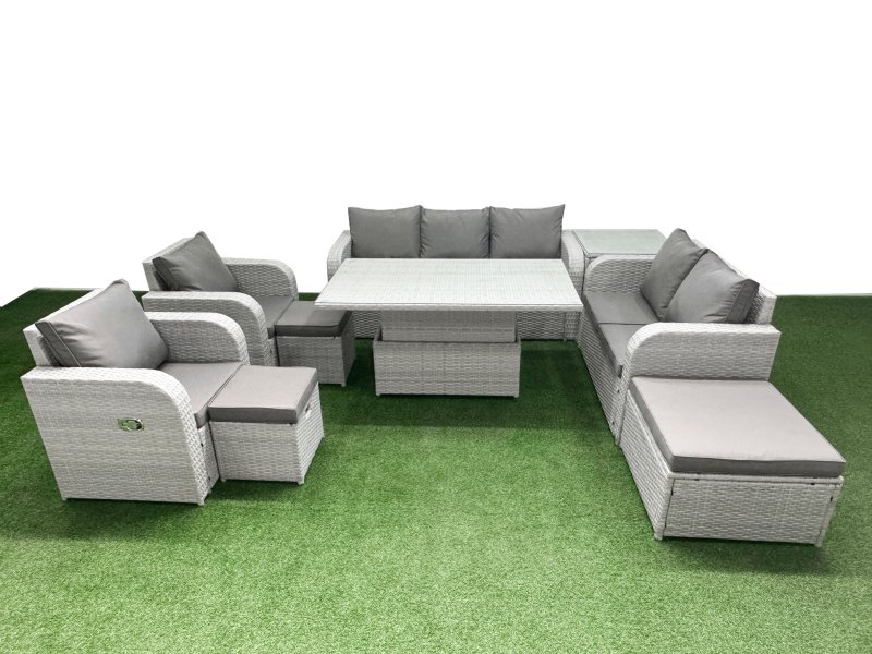 Fimous PE Rattan Garden Furniture Set Reclining Chair Sofa Double Love Seat 2 Seater Sofa Lounge Set Adjustable Lifting Dining or Coffee Table 3 Stools Side Table Light Grey