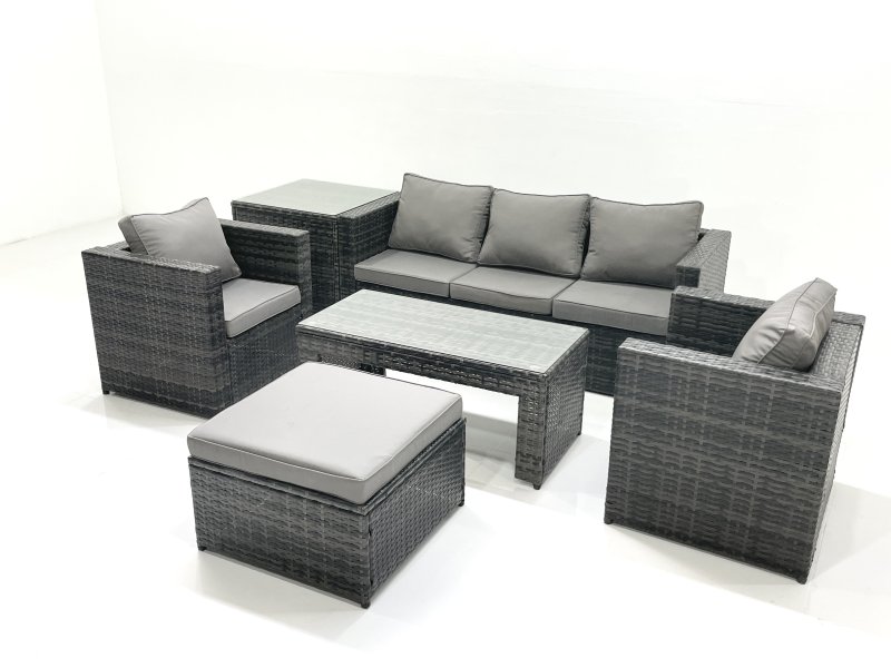 Fimous Rattan Garden Furniture Set Outdoor Lounger Sofa with Coffee Table 2 Armchair Big Footstool Side Table Dark Grey Mixed