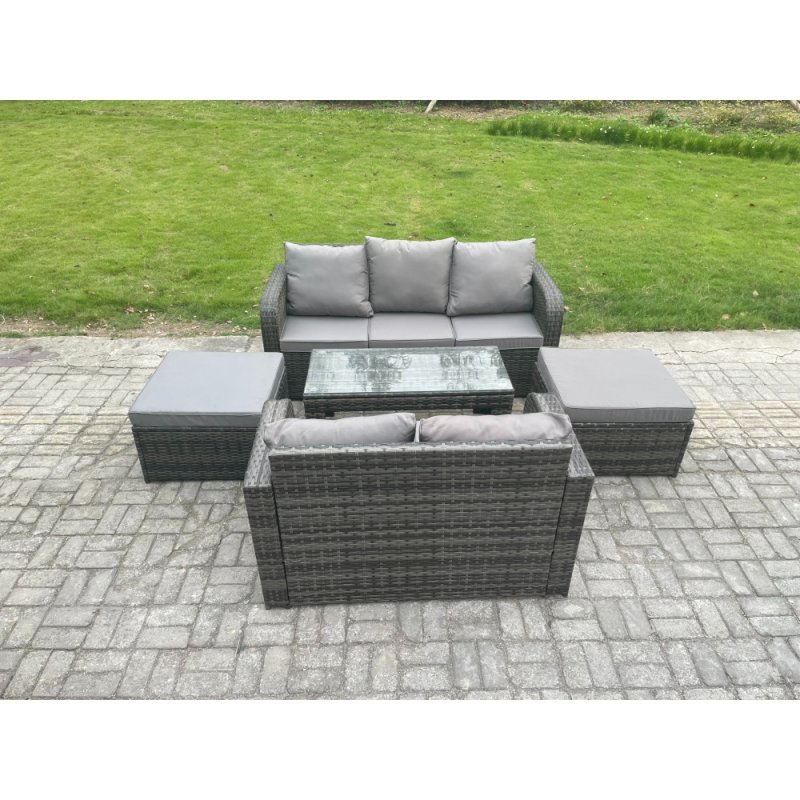 Fimous 7 Seater Outdoor Rattan Garden Furniture Set with Patio Lounge Sofa Set with Rectangular Coffee Table 2 Big Footstool Dark Grey Mixed