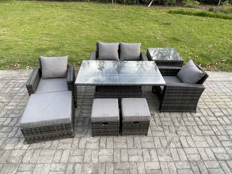 Fimous High Back Rattan Garden Furniture Sofa Sets with Height Adjustable Rising Lifting Table Side Table 3 Footstools Dark Grey Mixed
