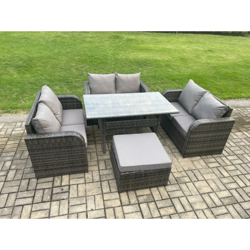 Fimous Wicker PE Rattan Sofa Outdoor Garden Furniture Set with Rectangular Dining Table Big Footstool Dark Grey Mixed