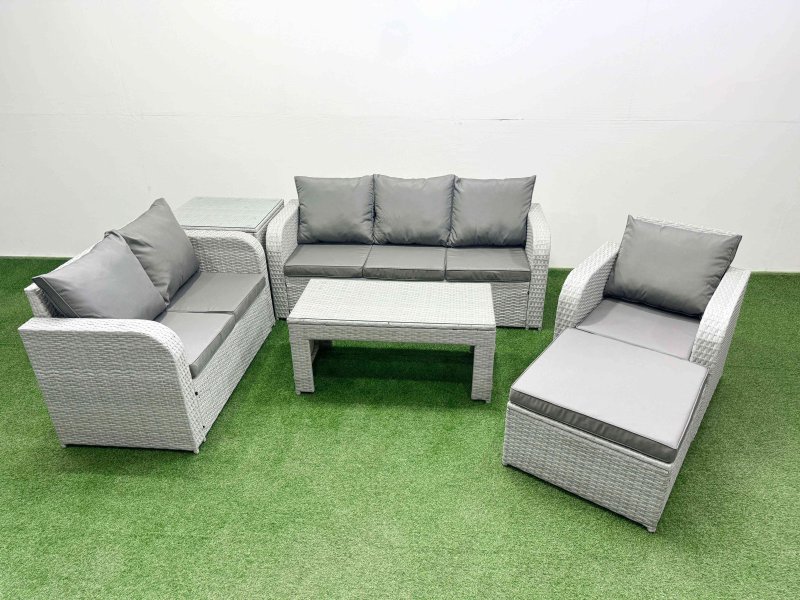 Fimous Patio PE Wicker 7 Seater Outdoor Rattan Furniture Sofa Sets with Oblong Coffee Table Reclining Chair Loveseat Sofa 3 Seater Sofa Big Footstool Side Table Light Grey