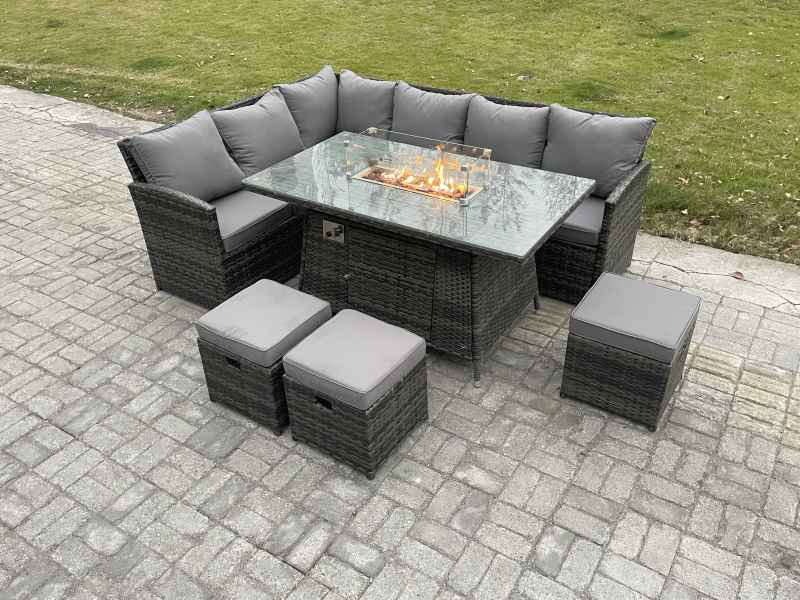 Fimous Rattan Garden Furniture High Back Corner Sofa Gas Fire Pit Dining Table Sets Gas Heater with 3 Small Footstools 9 Seater Dark Grey Mixed