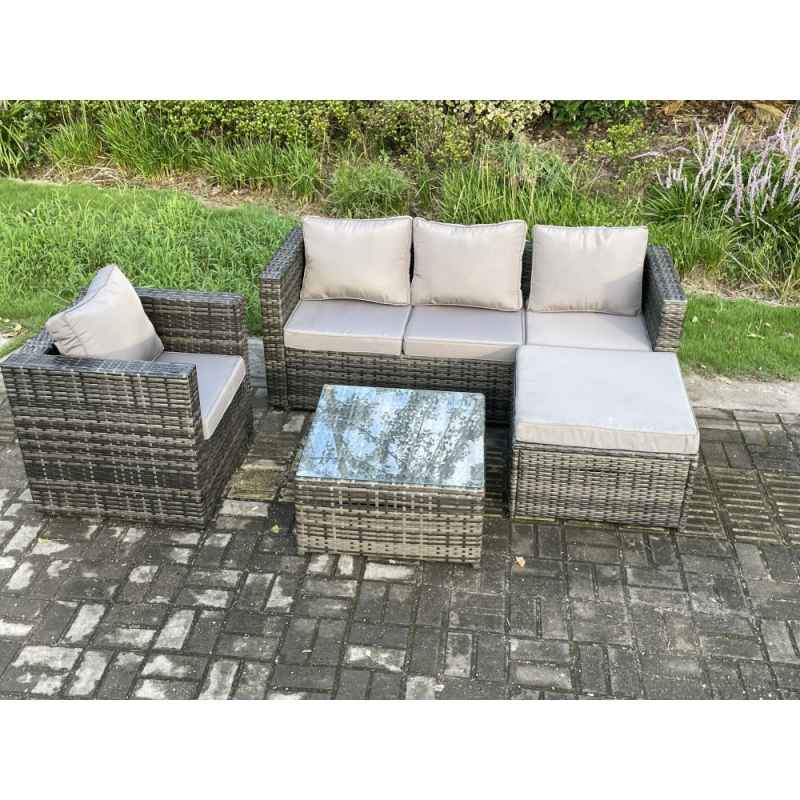 Fimous Rattan Garden Furniture Set Patio Outdoor Lounge Sofa Set with Armchair Square Coffee Table Big Footstool Dark Grey Mixed