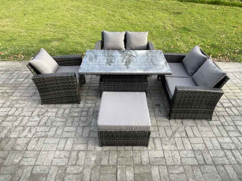 Fimous 5pcs Rattan Outdoor Garden Furniture Set Height Adjustable Rising Lifting Table Sofa Dining Set with Big Footstool Dark Grey Mixed
